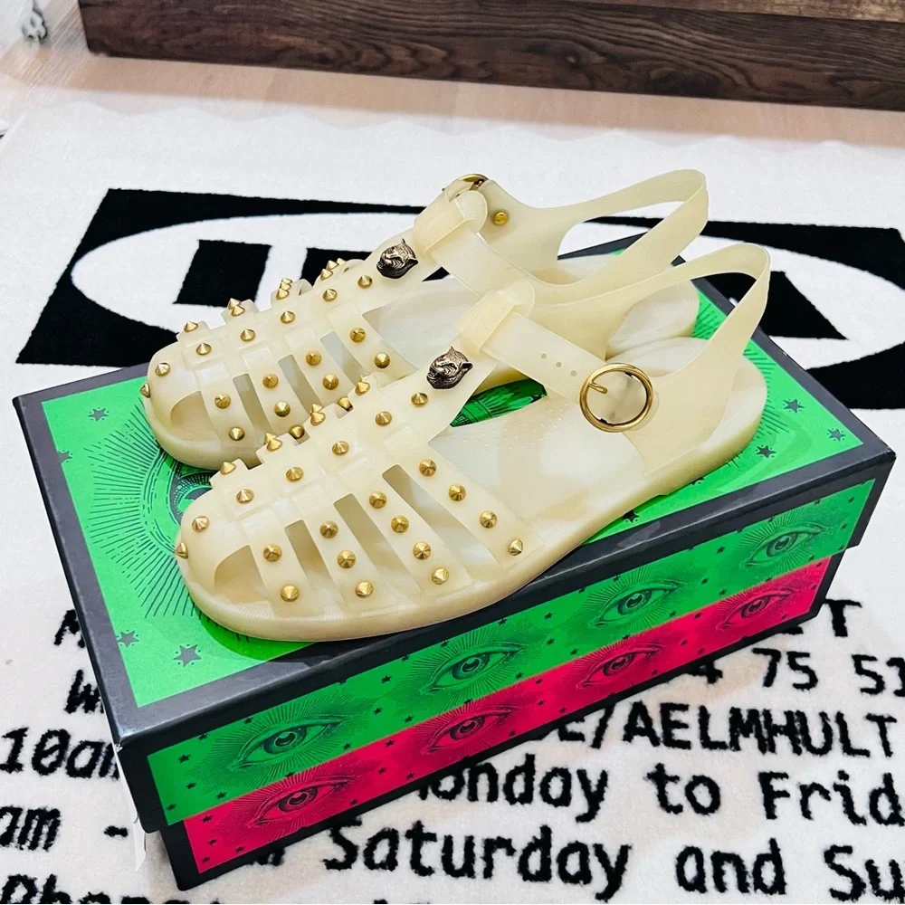 Gucci Tiger Feline Head Metal Studded Rubber Jelly Sandal - Cream/Gold - Picture 1 of 9